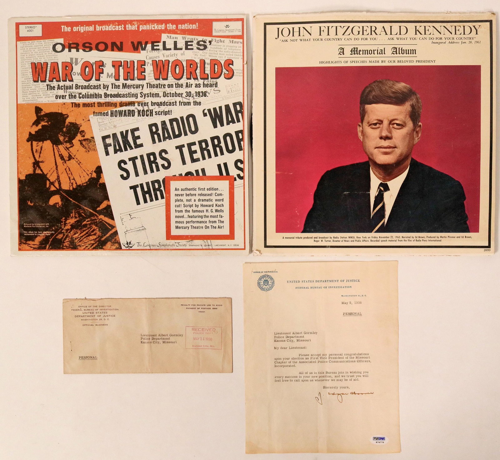 J. Edgar Hoover Signed Letter With J.F.K. Memorial: Nice typed letter signed by J. Edgar Hoover on U.S. Department of Justice, Federal Bureau of Investigation letterhead. Dated May 9, 1956. Nice clear signature. Fold lines. Also, a J.F.K. memorial reco