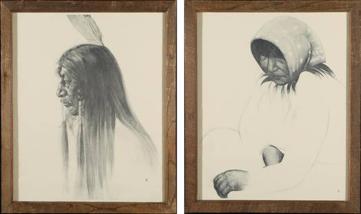 Native American Man & Woman Charcoal Prints by Caples: 2 Robert Caples charcoal prints of a Native American man - Tribal Elder and woman - campwatcher. "People of the silent land; a portfolio of Nevada Indians" Published by Reno University of Nevada,