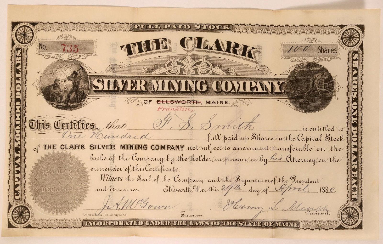 Clark Silver Mining Co. of Franklin, Maine Stock (1 of 1)