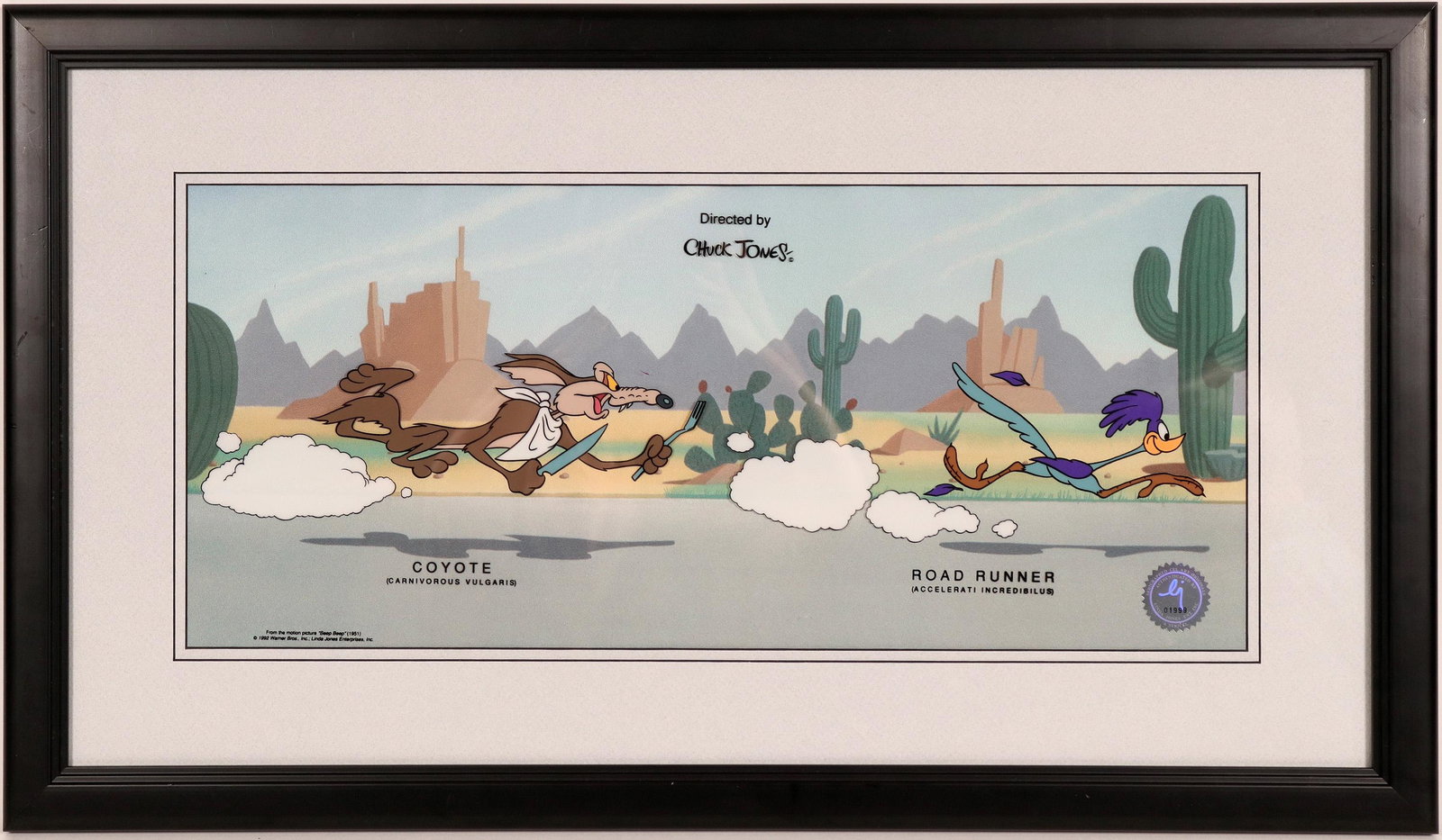 Coyote and Road Runner, Serigraph Cell Art (114396): 18 x 31", framed, double matted serigraph cell art from Warner Bros. "Beep Beep" (1951) Linda Jones Ent., 1992. Excellent condition Provenance: Country (if not USA): State: City/County: Date: