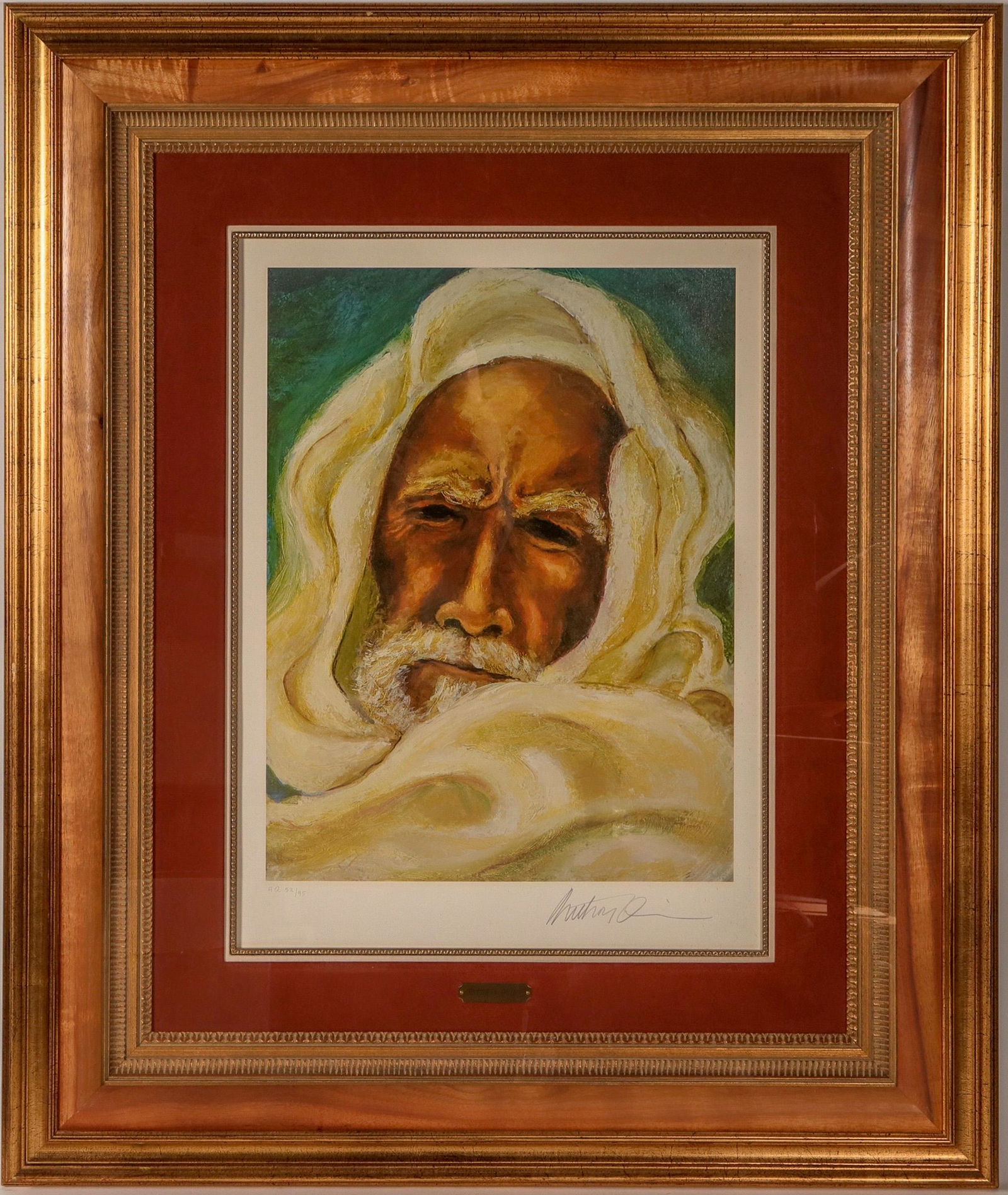 "Prophet" by Anthony Quinn, Signed, Numbered, Framed: "The Prophet" by Anthony Quinn. Signed at lower right, numbered #52/95. Overall framed size 37 x 44", print size 19.5 x 26". Spectacular beautiful high-end frame. This appears to be from the first ser