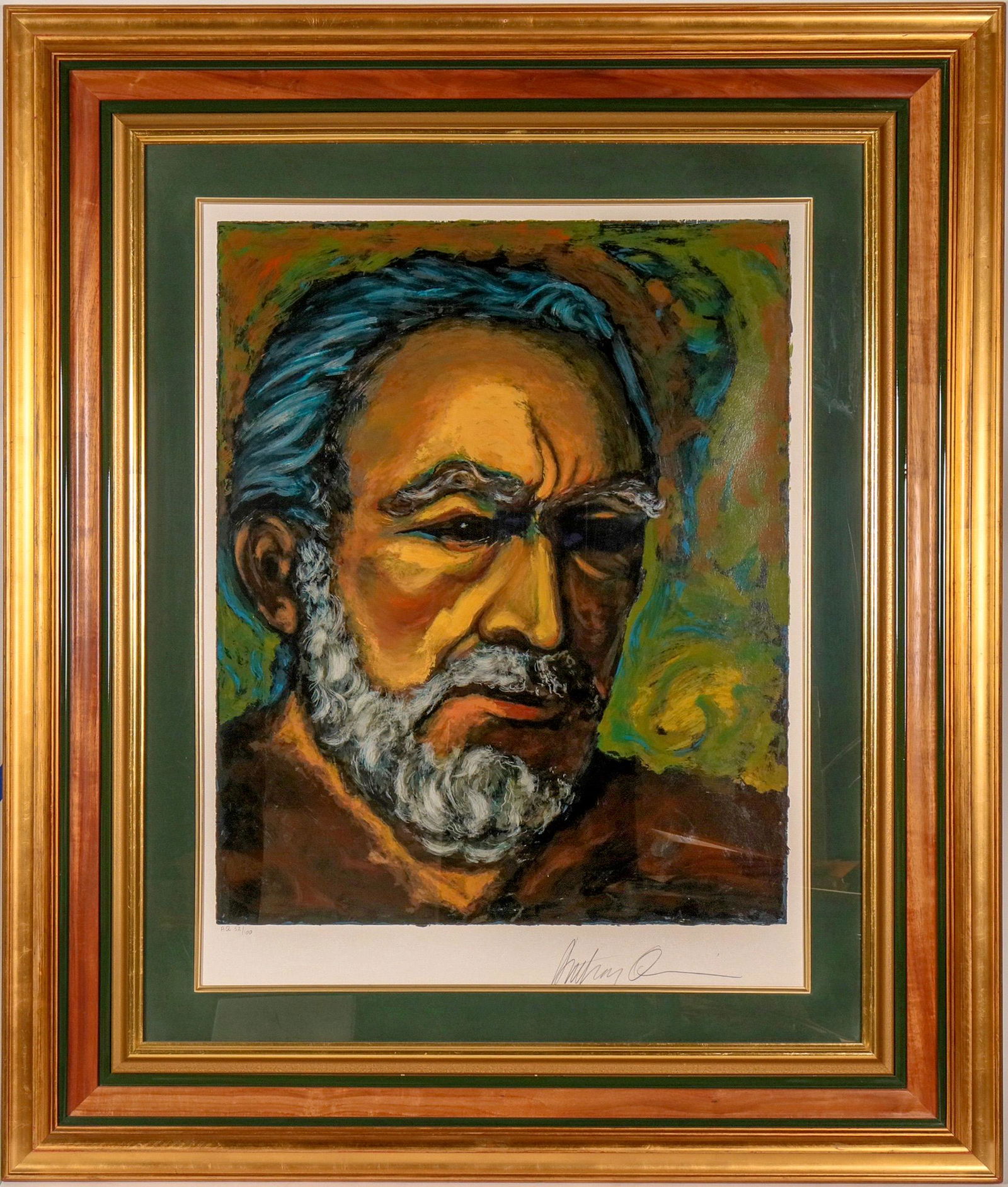 Anthony Quinn Self Portrait "Zorba" Serigraph, High-end: Spectacular signed, numbered serigraph of Quinn in a marvelous large decorative and expensive frame. Overall size 44 x 52", print size 27 x 34". Signed by artist at lower right, #52/100. This work app