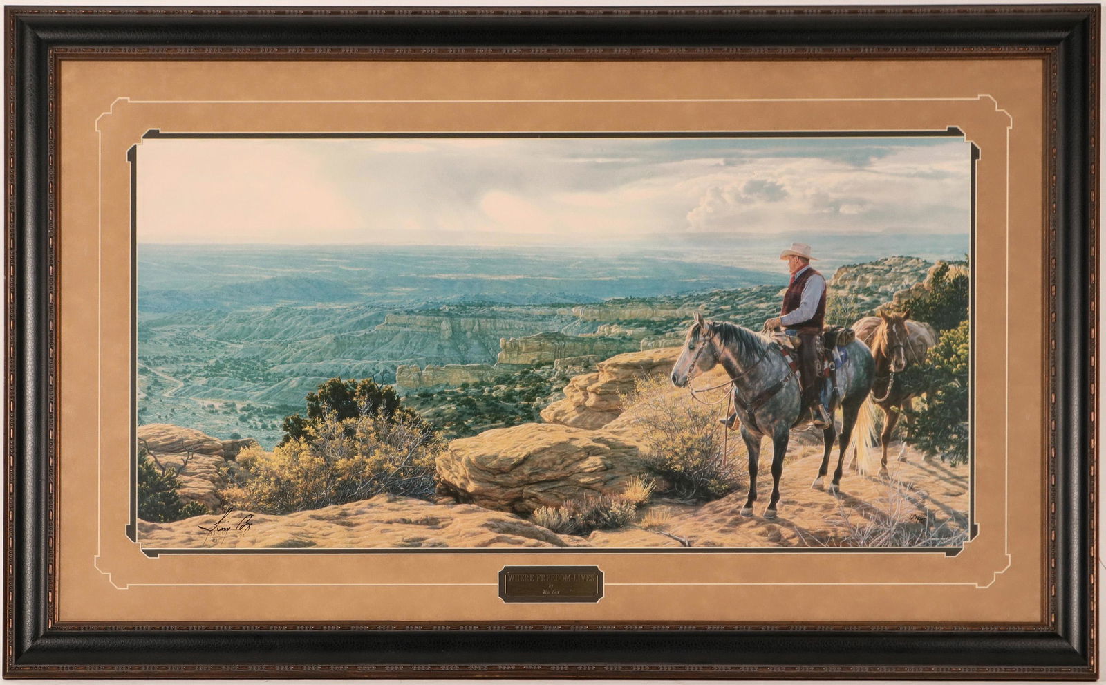 Where Freedom Lives by Tim Cox Signed print (114382): framed, triple mat, 616/950, signed at lower left. Signed by well known New Mexico cowboy artist Tim Cox. Provenance: Country (if not USA): State: City/County: Date: