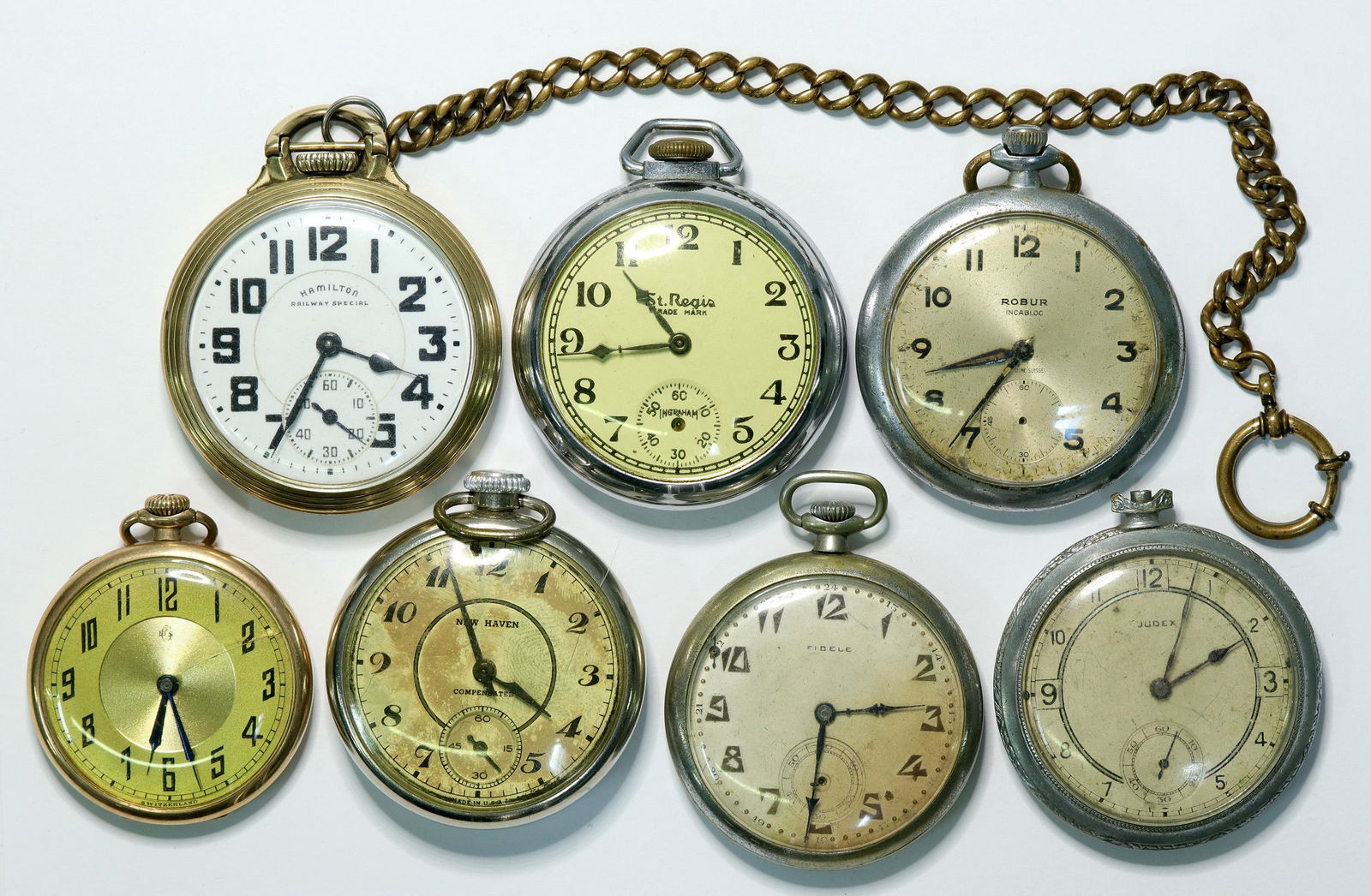 Mens Pocket Watches (7) (114295): Seven large men's pocket watches. Robur; Hamilton; St Regis; New Haven; Fidele; Jubex; unknown Provenance: Country (if not USA): State: City/County: Date: