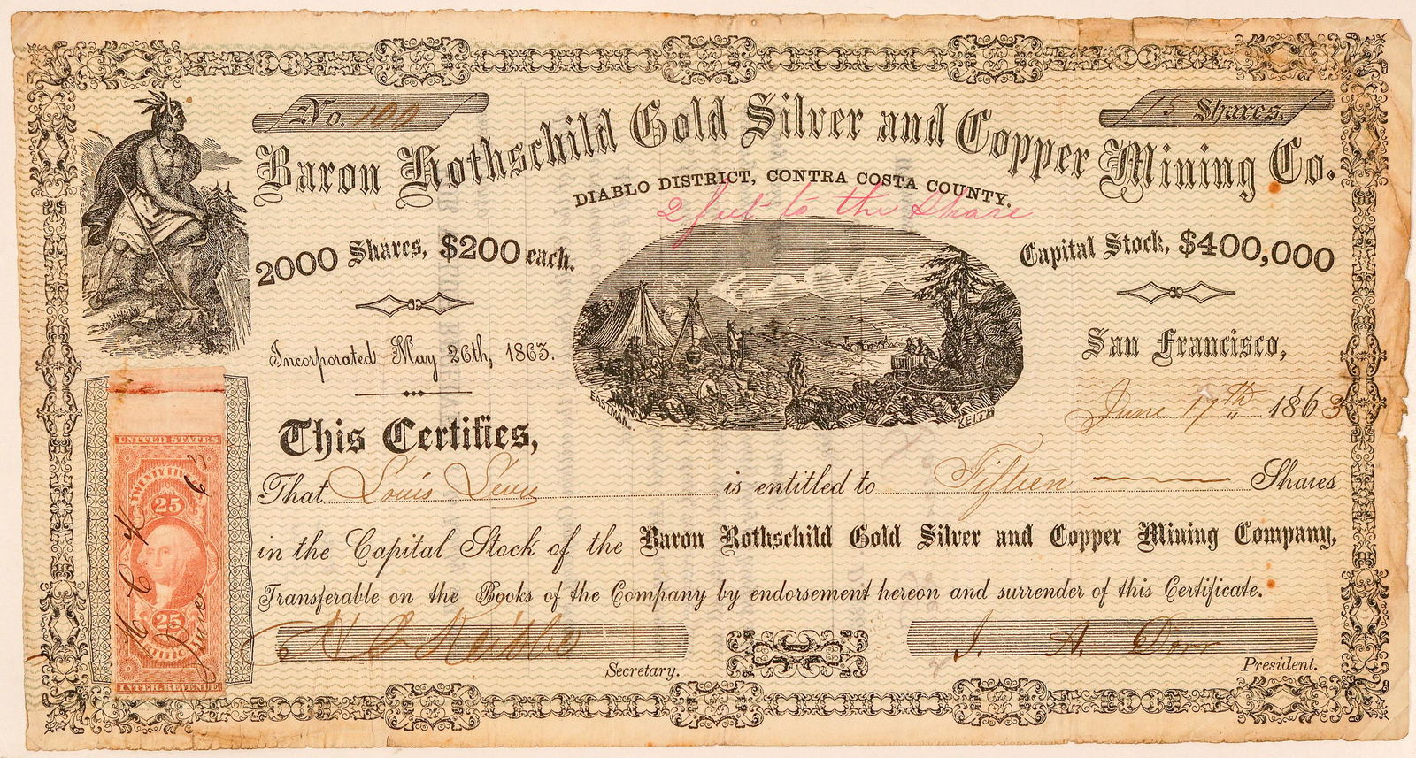 Baron Rothschild Gold, Silver, & Copper Mining Co.: With a William Keith woodblock vignette! Diablo District, Contra Costa County (printed under title). Inc. May 26th, 1863. No. 100, issued for fifteen shares to Louis Levy on June 17th, 1863. Signed by