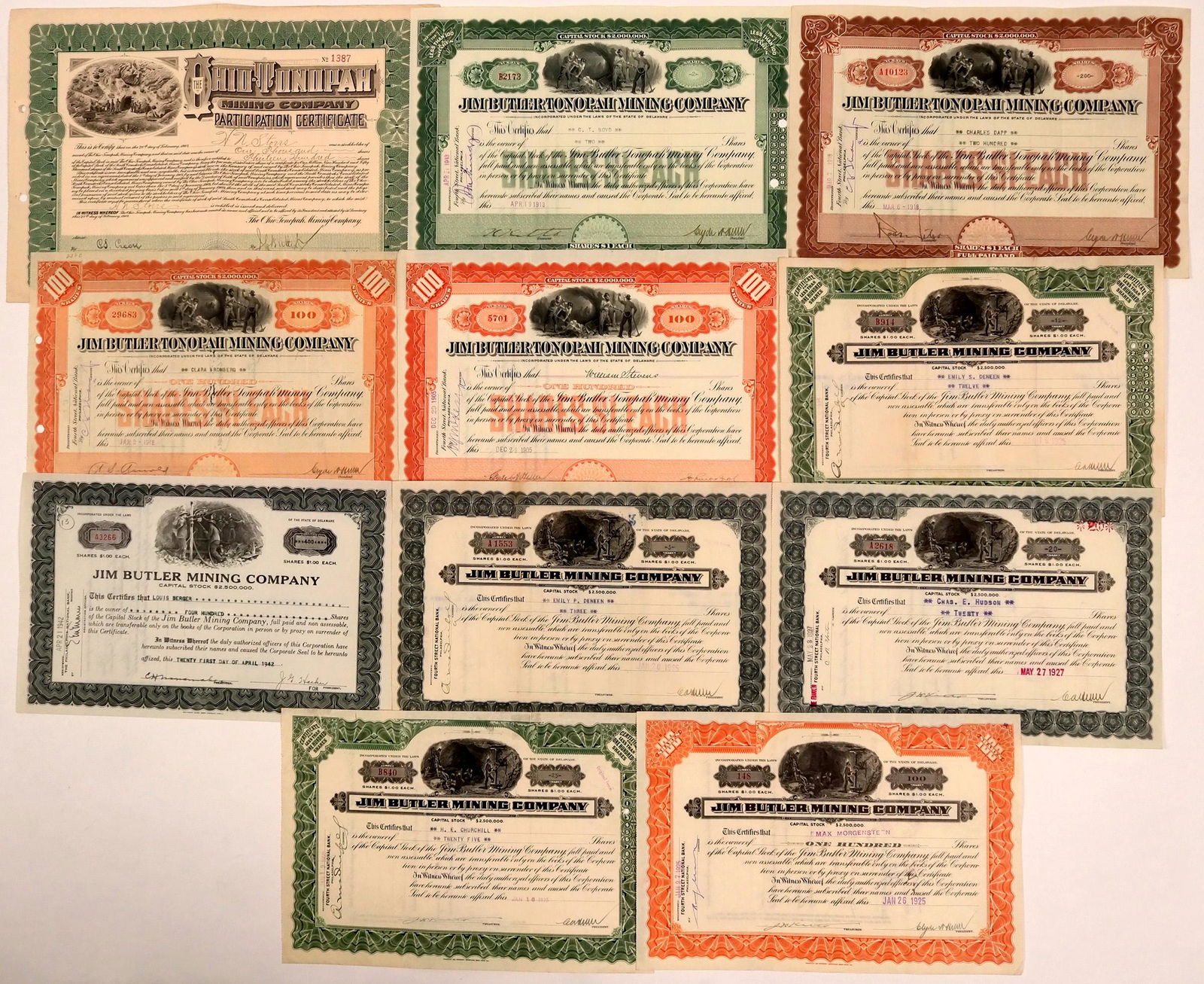 Stocks Named for Jim Butler Plus One Signature Piece: Stocks with Jim Butler in the name. Six certificates from Jim Butler Mining Company, a few different colors. Four from Jim Butler Tonopah Mining Company, issued between 1905 and 1918. Three different