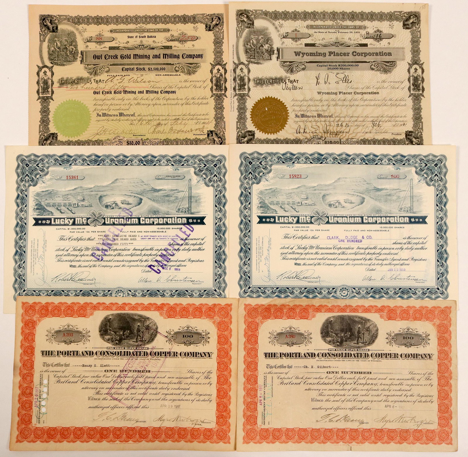 Wyoming Stock Certificate Group Includes a Certificate: Nice group of Wyoming. Certificate #1 is from Wyoming Placer Corporation, issued in 1931. Seven vignettes. Uncancelled. Others include 2 certificates from The Portland Cons. Copper Company, 1917, one 