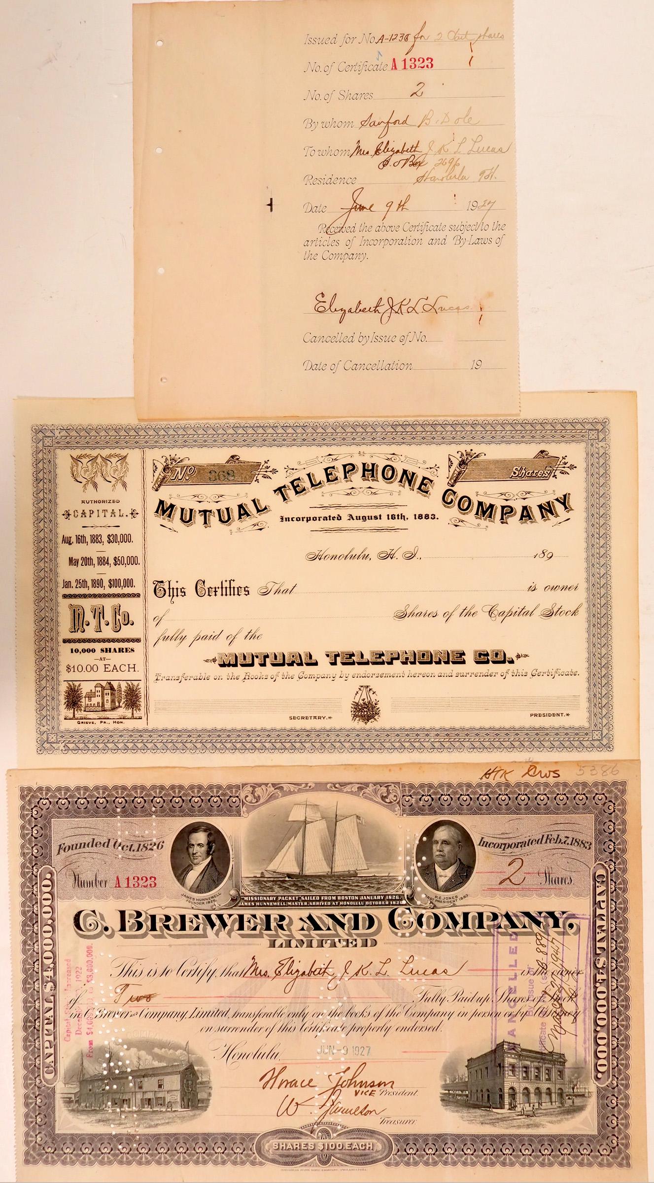 Two Hawaii Stocks: C. Brewer & Company, Ltd. & Mutual: 1) Founded Oct. 1826. Incorporated Feb. 7, 1883. No. A1323, issued for 2 shares to Mrs. Elizabeth Lucas on June 9th, 1927 in Honolulu. Signed by the vice-president, Horace Johnson, and treasurer James