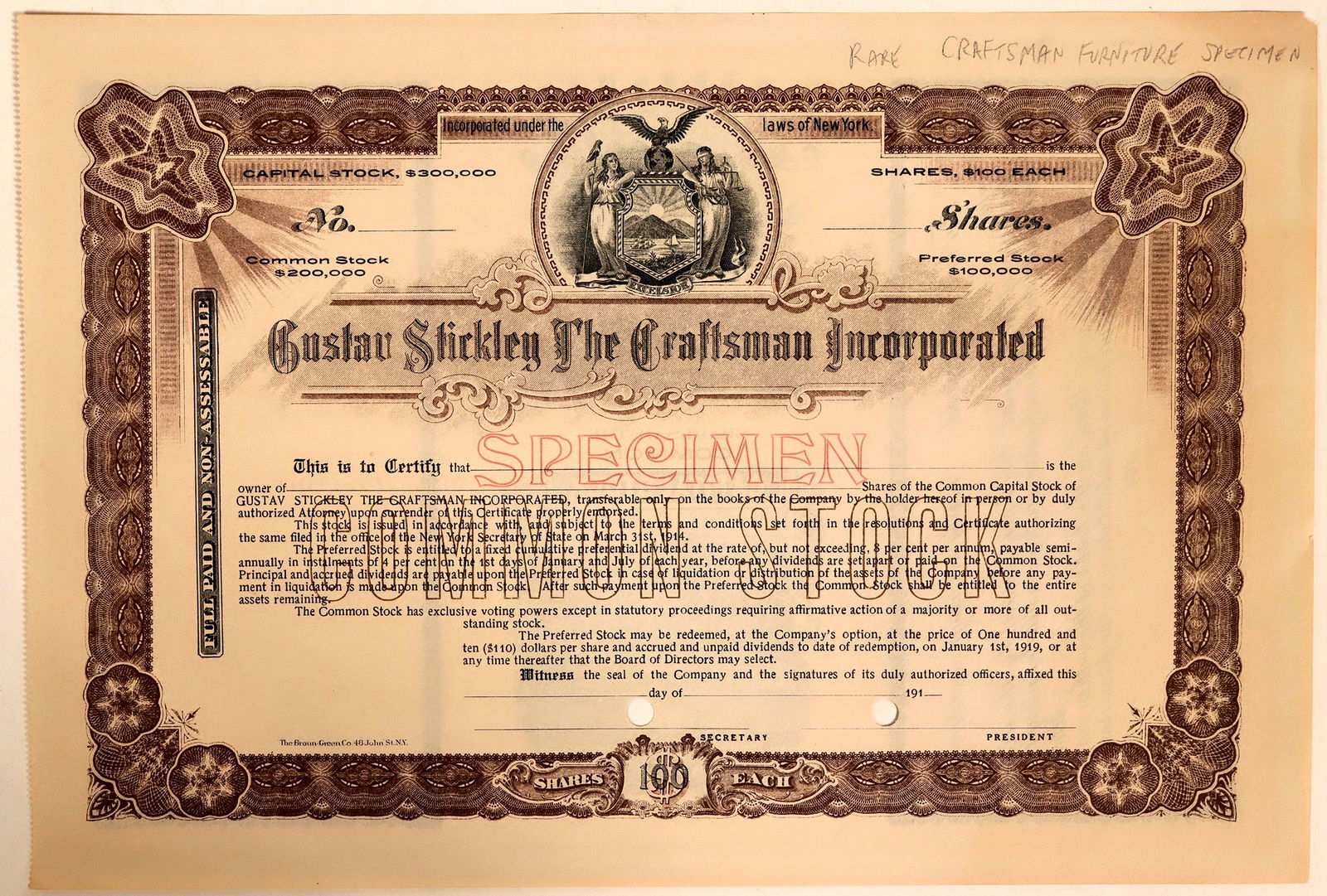 Rare Gustav Stickley, The Craftsman Specimen Stock: Specimen stock, Odd Shares, Common stock, Black on brown border and underprint, New York seal in middle. Gustav Stickley is probably the most well known name associated with the American Arts & Crafts