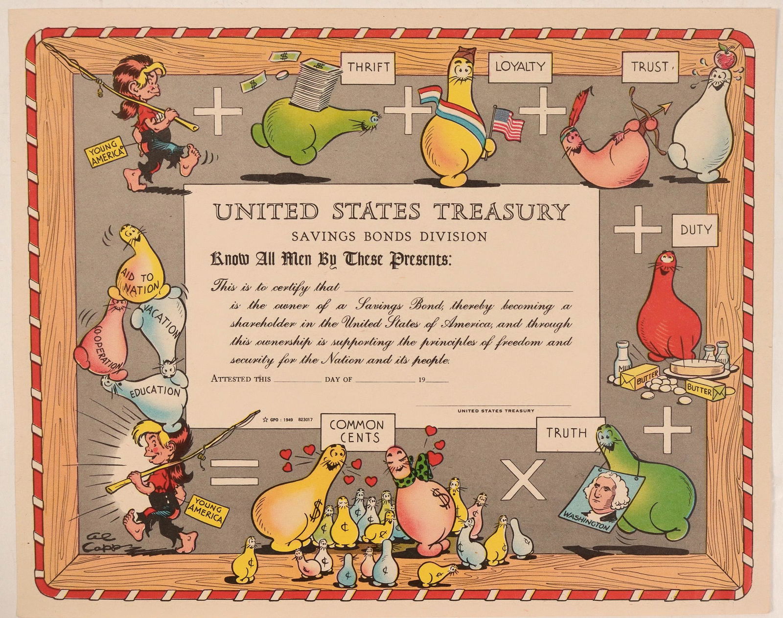United States Treasury Bond With the Shmoo's, Al Capp: The Shmoos first appeared in Al Capps Li'l Abner comic strip in 1948. Abner discovered the Shmoos when he ventured into the forbidden "Valley of the Shmoon". A shmoo is shaped like a plump bowling pin