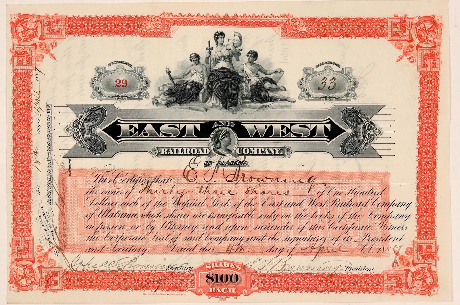East and West Railroad Company of Alabama Stock, 1887: Cert. #29, issued for 33 shares in 1887. Red variety not listed in Cox. Three allegorical figures, one holding torch and one holding a scale. Homer Lee Bank Note Co. Shares $100 each. VF. Uncancelled.