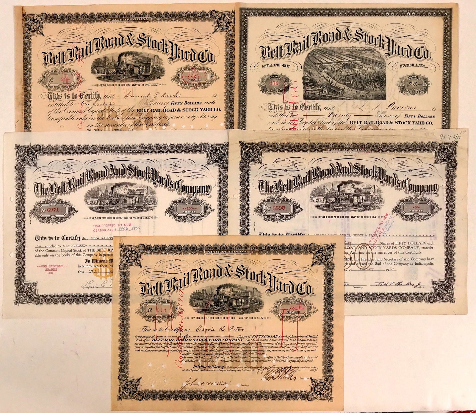 Belt Rail Road & Stock Yard Co. Stock Certificates (5): Group of common share certificates from this Indiana railroad company. Stocks issued in 1888, 1896, 1899, 1945 and 1957. All are pen or hole cxled. or both. Provenance: Ken Prag Collection Country (if