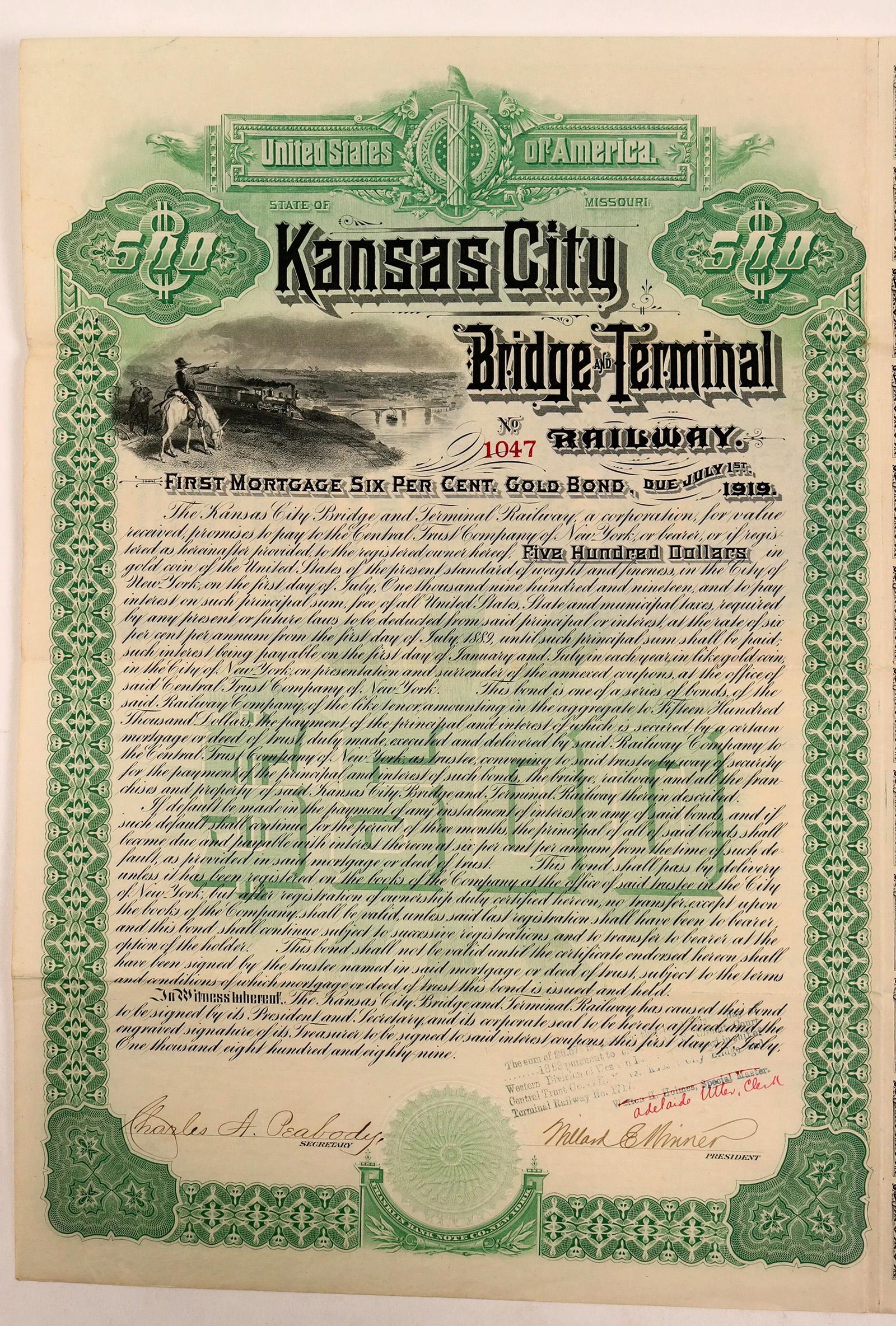 Kansas City Bridge & Terminal Railway. (112019): Incorp 1889 Kansas City, MO. #1047, I/U, $500 6%, First Mortgage Gold Bearer Bond due 1919. Issued July 1, 1889 signed Willard E. Minner President. Green, embossed corp seal (crisp impression), vignet