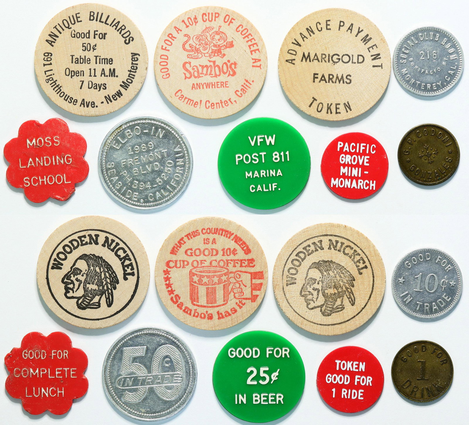 Monterey County Tokens (114304): Lot of nine: three tokens, three wooden nickels and three plastic tokens from cities in Monterey County: Pacific Grove, Seaside, Carmel, Monterey, Gonzales. Provenance: John Reynolds Collection Countr