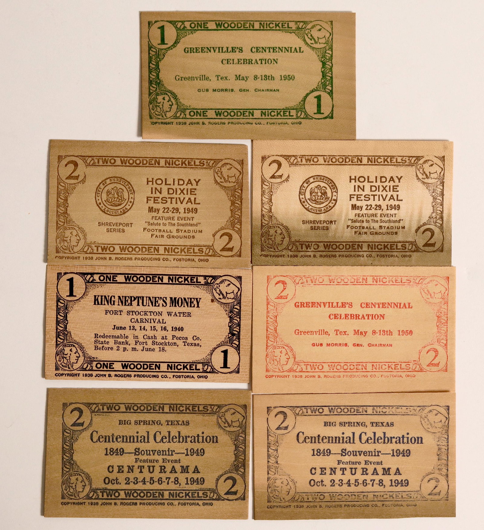 Texas/Louisiana Wood Scrip (112458): 7 total. 1. Two Shreveport Louisiana, Black, Holiday in Dixie Festival, 1949, Two wooden nickels, vignettes "2", Buffalo/ Indian Head. Reverse statement of redemption. John B. Rodgers printer. 2. Texa