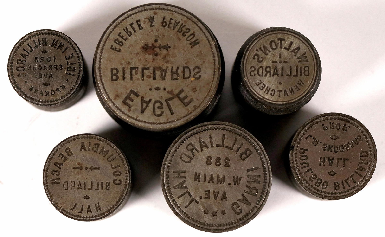 Billiard Hall Dies Grab Bag (108236): Lot of 6. Poulsbo Billiard Hall, Columbia Beach Billiards, Garni Billiards Hall, Eagle Billiards, Walton's Billiards and Idleinn Billiards. From the Northwest Territorial Mint Historical Die Collectio