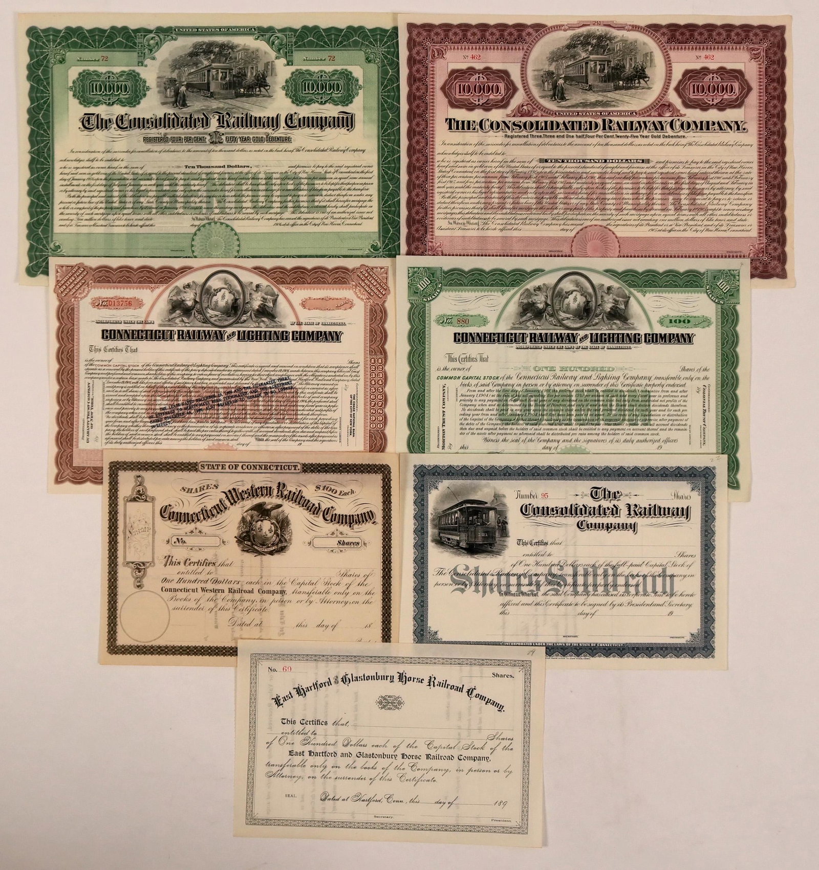 Connecticut Railroad Unissued Stocks Group (7): Nice group of unissued railroad stocks from Connecticut include Connecticut Western Railroad, East Hartford & Glastonburg Horse Railroad Co, Connecticut Railway & Lighting Company (2), Consolidated Ra
