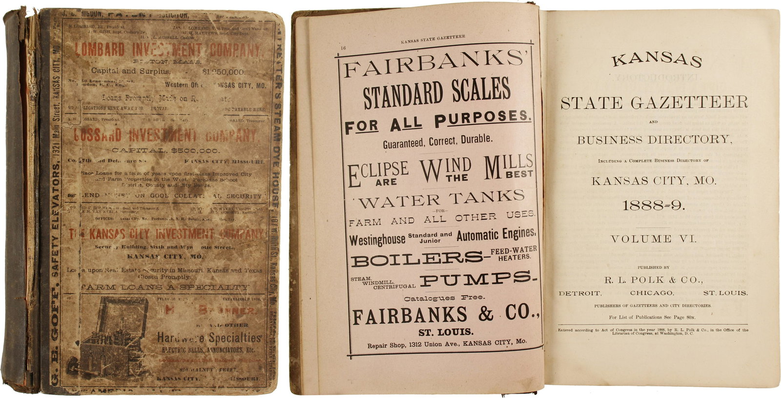 Kansas State Gazetteer and Business Directory (80279): Kansas State Gazetteer and Business Directory, 1888 to 1889, Volume six, R. L. Polk and Company. 1620 pages plus advertisements, front board nearly detached, significant wear at edges. Provenance: The
