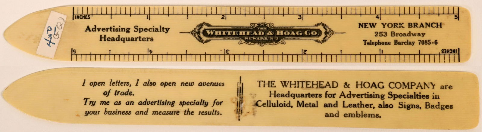 Rare Whitehead & Hoag Co. Celluloid Ruler Letter Opener (1 of 1)