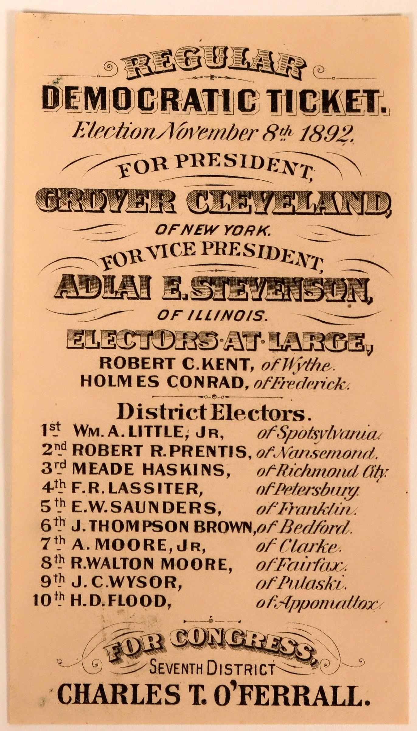 Grover Cleveland for President (1) (115119): Democratic Election November 8th, 1892 to elect Grover Cleveland of New York for President. Provenance: Country (if not USA): State: City/County: Date: