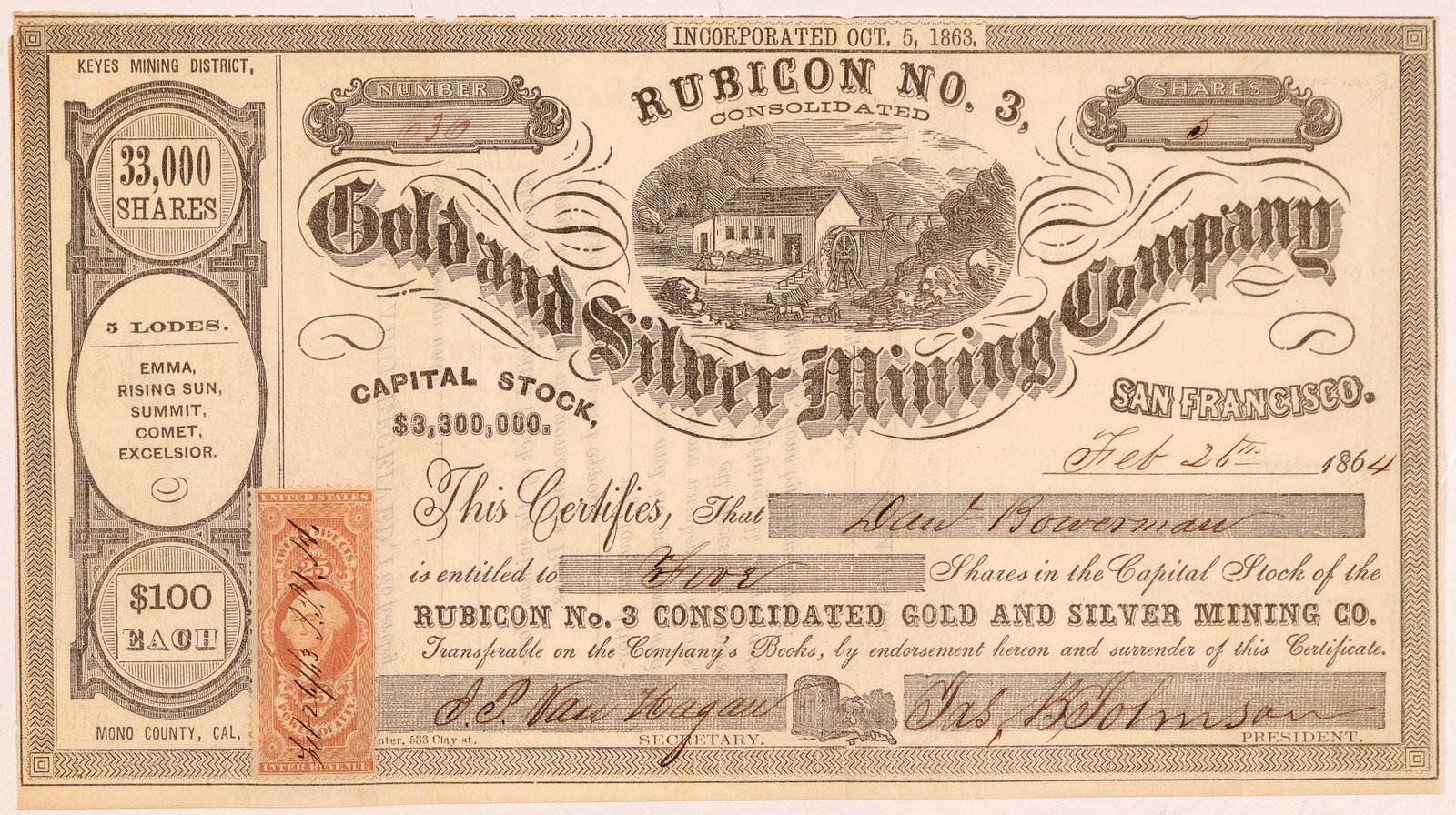 Rubicon No. 4 Consolidated Gold and Silver Mining: # 636 for 5 shares to David Bowenmaur. Signed by J. P. Van Hagan and president James B. Johnson. Dateline San Francisco February 26th, 1864. Incorporated October 5, 1863. Rubicon # 3, we sold #2 as we