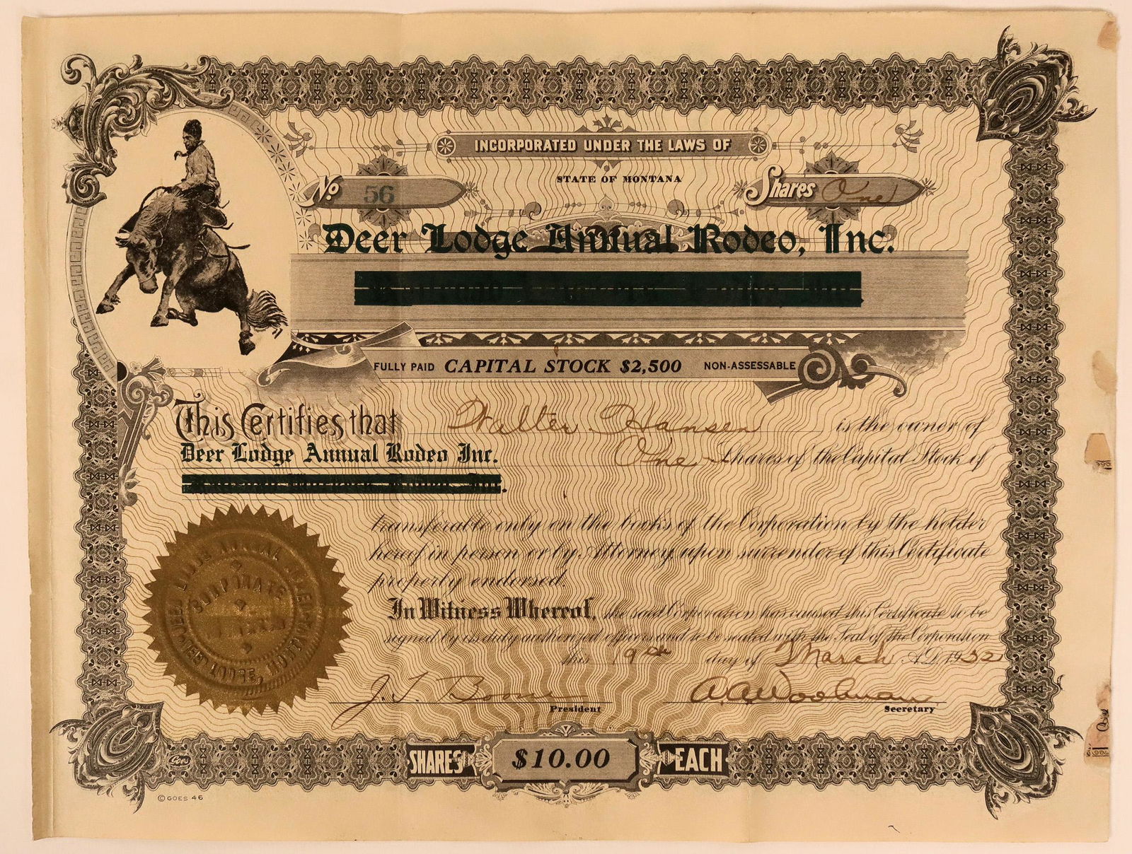 Deer Lodge Annual Rodeo, Inc. Stock Certificate: Rare. Inc. in Montana. No. 56, issued for one share to Walter Hansen on March 19th, 1932. Signed by president Boone and secretary Woolman. Not cancelled. Black border and print, gold seal, and vignett
