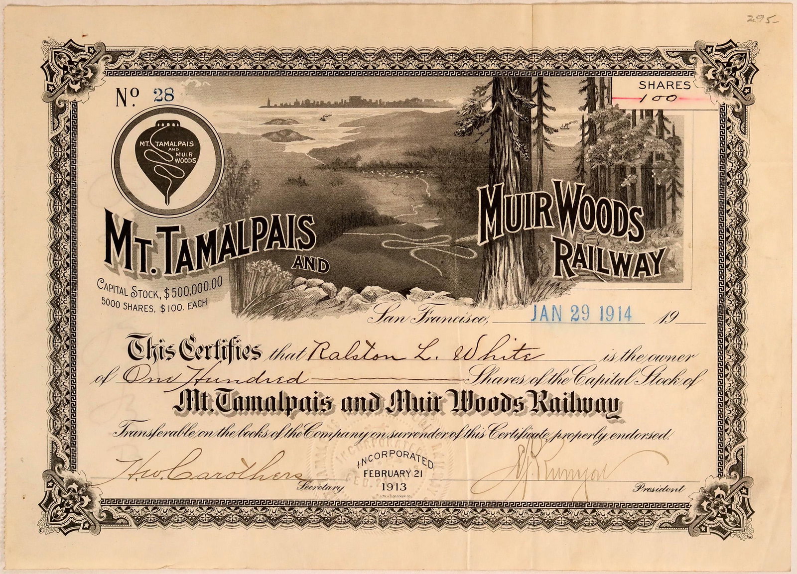 Mt. Tamalpais and Muir Woods Railway. (114883): The "Crookedest Railroad in the World", a scenic tourist railway operating between Mill Valley and the east peak of Mount Tamalpais in Marin County, California, covering a distance of 8.19 miles , wit