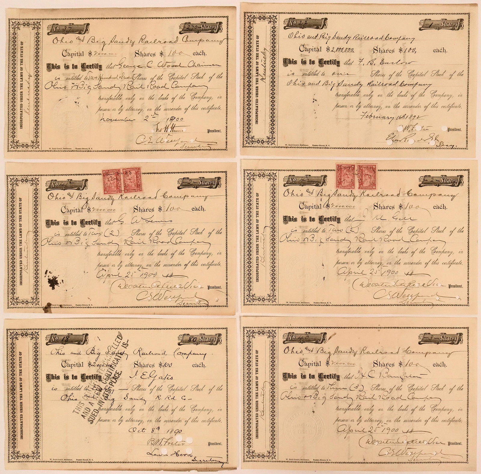 Ohio and Big Sandy Railroad Co (115805): 6 certificates.These were buy backs to strengthen the companies finances; all in good condition, some toning and discoloration; all signed by president (various illegible); printed by W. Reid Gould. B