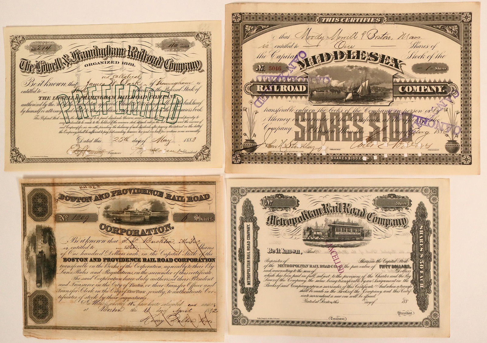Railroads of Massachusetts stock (115830): 4 certificates. 1. Metropolitan Rail Road Co. incorp.1855. Not numbered, U/C, $50 par dateline 188_, BLACK, vignette top of horse drawn streetcar l-r w/ company name on side, Walker, Young & Co. print
