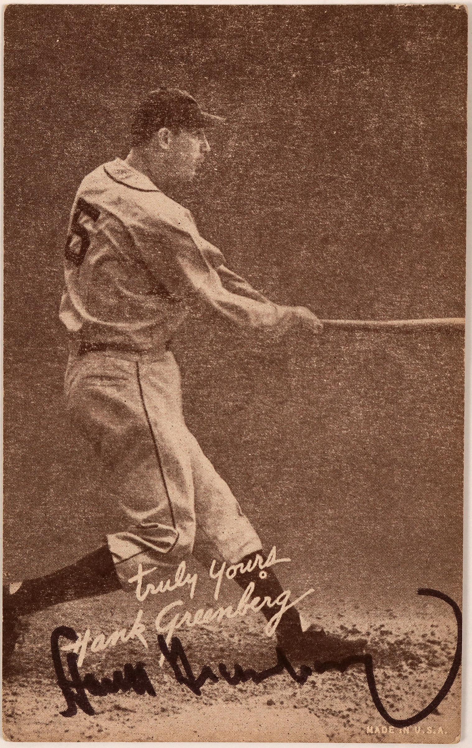 Hank Greenberg Autographed Photo Card (116087): A nice black & white action photo, signed by Detroit Tiger great Hank Greenberg. Card is in near mint condition with a nice clean autograph. A great card of a great hitter. Provenance: John Reynolds C
