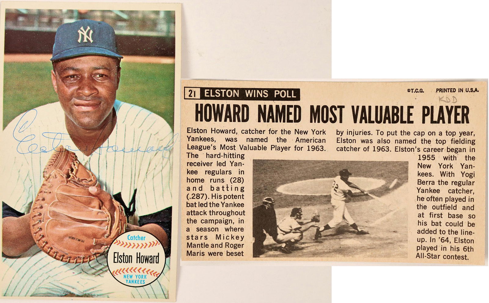 Elston Howard autographed Topps #21 Card (116088): This an autographed Topps #21 of great Yankee backstop, Elston Howard. The reverse celebrates Howard's Most Valuable Player Award of 1963. Card is in near new condition, with a very clear signature. Y