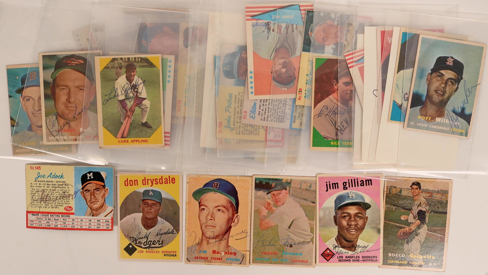 Autographed Vintage Baseball Cards (114940): Fabulous lot of 33 autographed baseball cards from the late 1950s and early 1960s of many major stars: Don Newcombe, Sandy Koufax, Bob Skinner, Johnny Podres, Elston Howard, Johnny Mize, Mike McCormic
