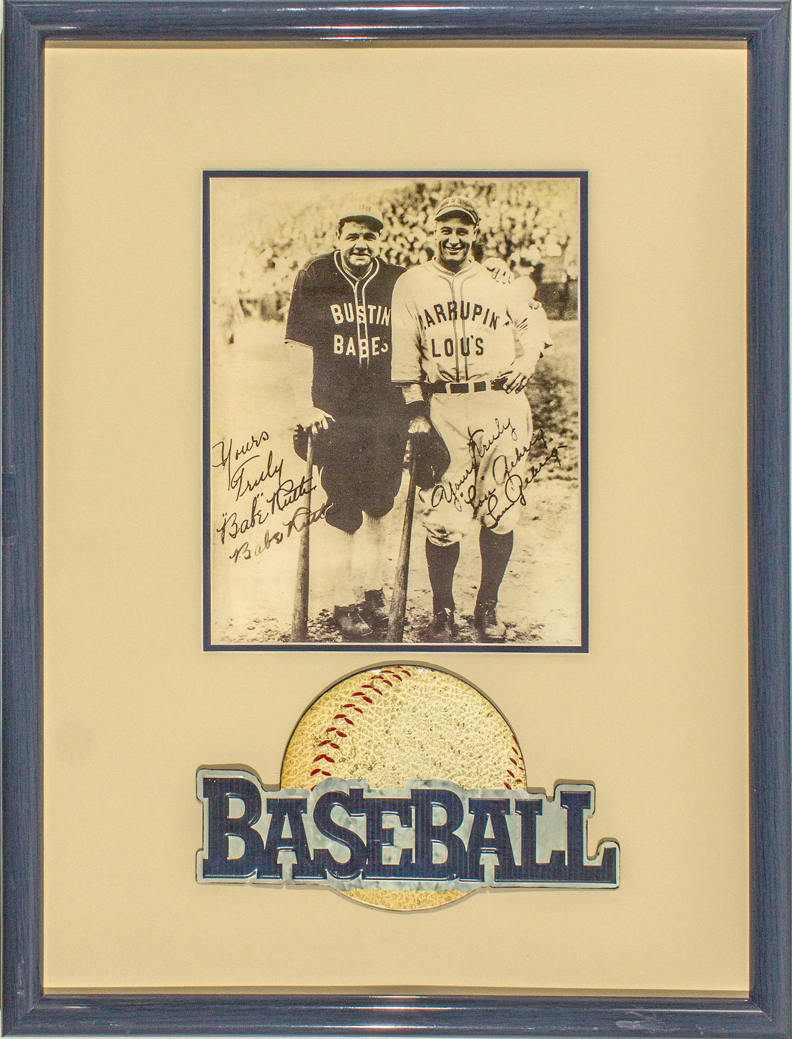 Baseball Legends Babe Ruth and Lou Gehrig Framed: Reprinted Photograph 13" x 10.25" double matted with a large cutout of a baseball and the word "Baseball" in blue framed presentation 29" x 22". "Baseball" is displaced under glass. Photograph is sign