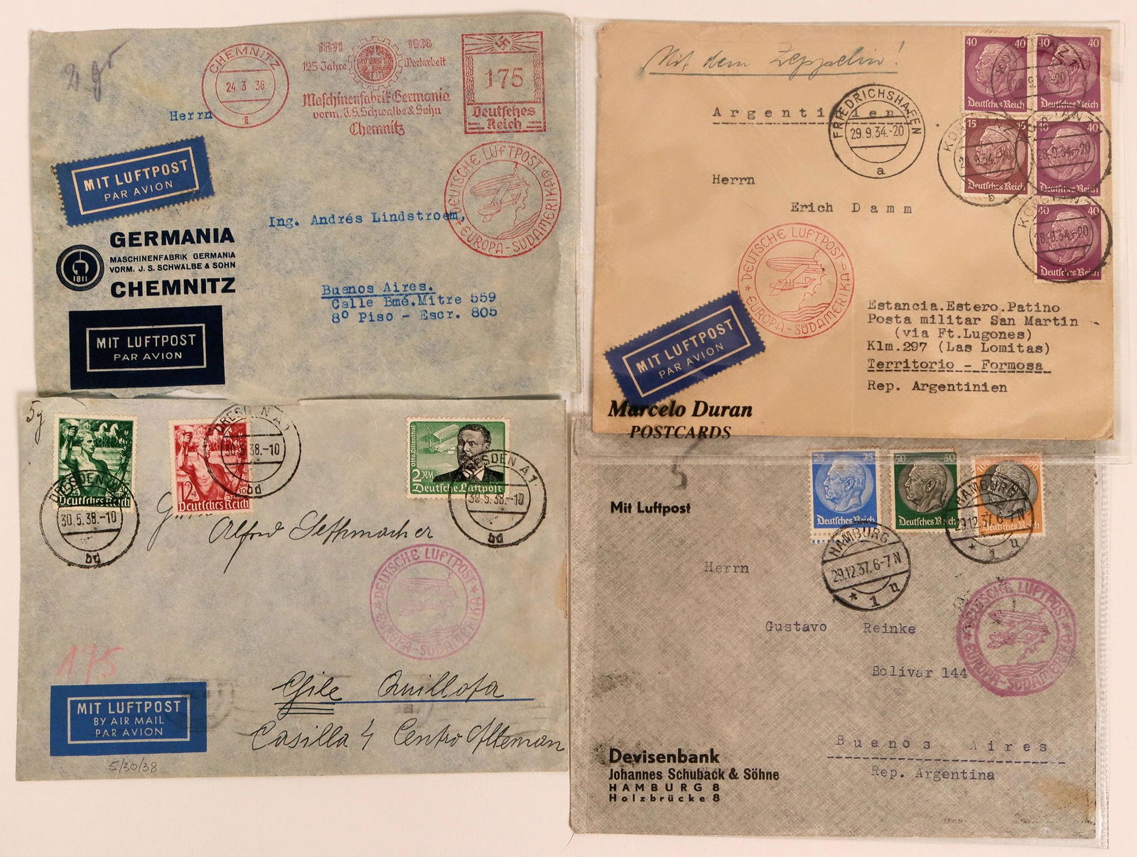 "Zeppelin Delivered" Cover Quartet (116583): Four covers delivered by German zeppelins to various points in Argentina, including Buenos Aires. These are dated 1936, around the time Adolf Hitler came to power. In good condition._x000D_ _x000D_ Pr