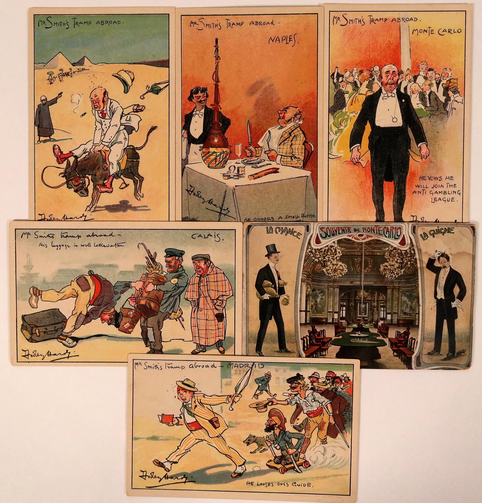 Monte Carlo Gaming Postcards, Dudley Harvey, "Mr.: 5 postcards from "Mr. Smith's Tramp Abroad" Series 3011 by Dudley Hardy, Artist and Davidson Bros. London, publisher. Also a Monte Carlo Gaming Postcard, Louis Glaser, Leipzig-Allemagne showing a larg