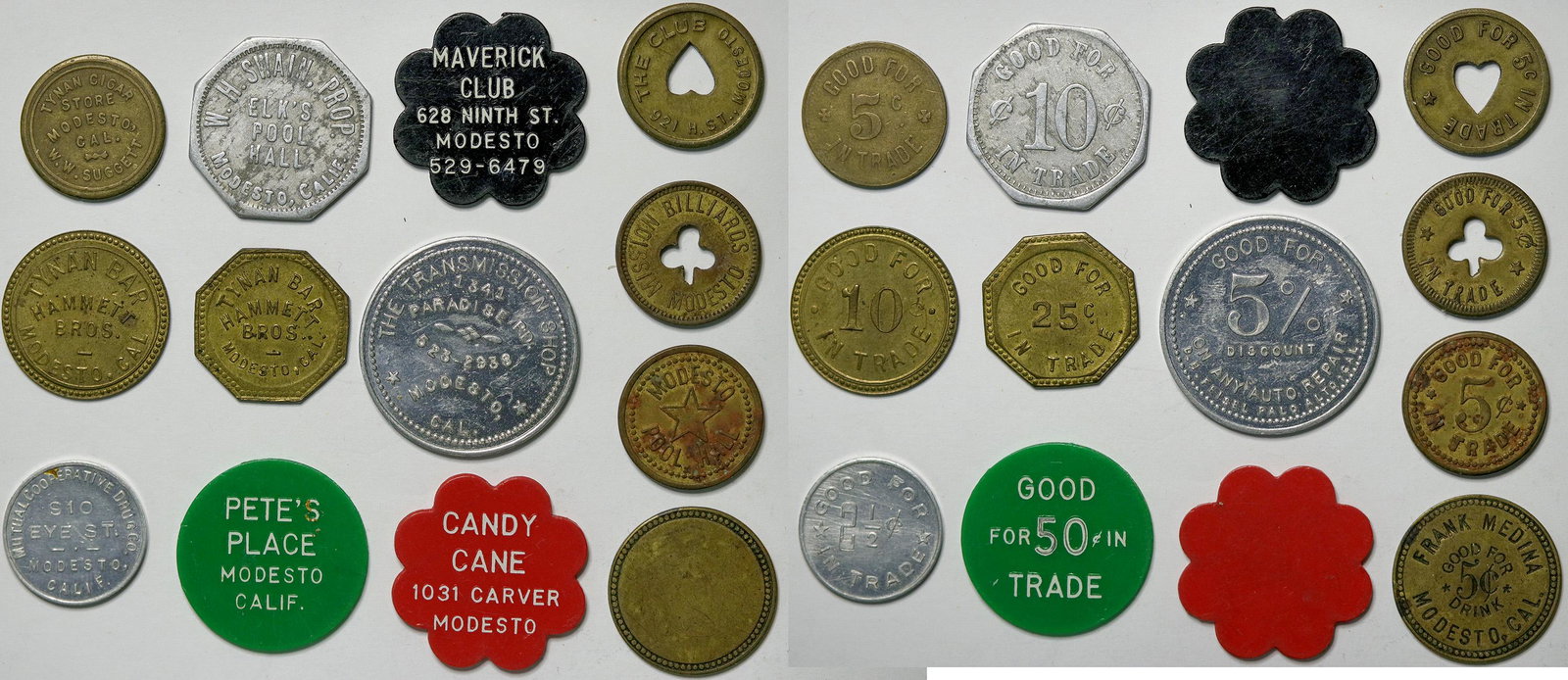 Modesto Token Collection (114981): Lot of twelve: Candy Cane; Maverick Club; Frank Medina; The Club (heart cutout); Elk's Pool Hall; Tynan Bar; Pete's Place; The Transmission Shop; Mutual Cooperative Drug; Mission Billiard; Modesto Poo