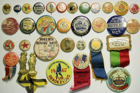 Antique Pinback Button Collection (114959): Lot of over 30 pins: "Foxy Grandpa" from the vaudeville comedy team of Joseph Hart and Carrie DeMar; Dick Tracy secret service; 1902 Ladies of the Maccabees; 1910 Maine State Grange; 1912 Days of '49