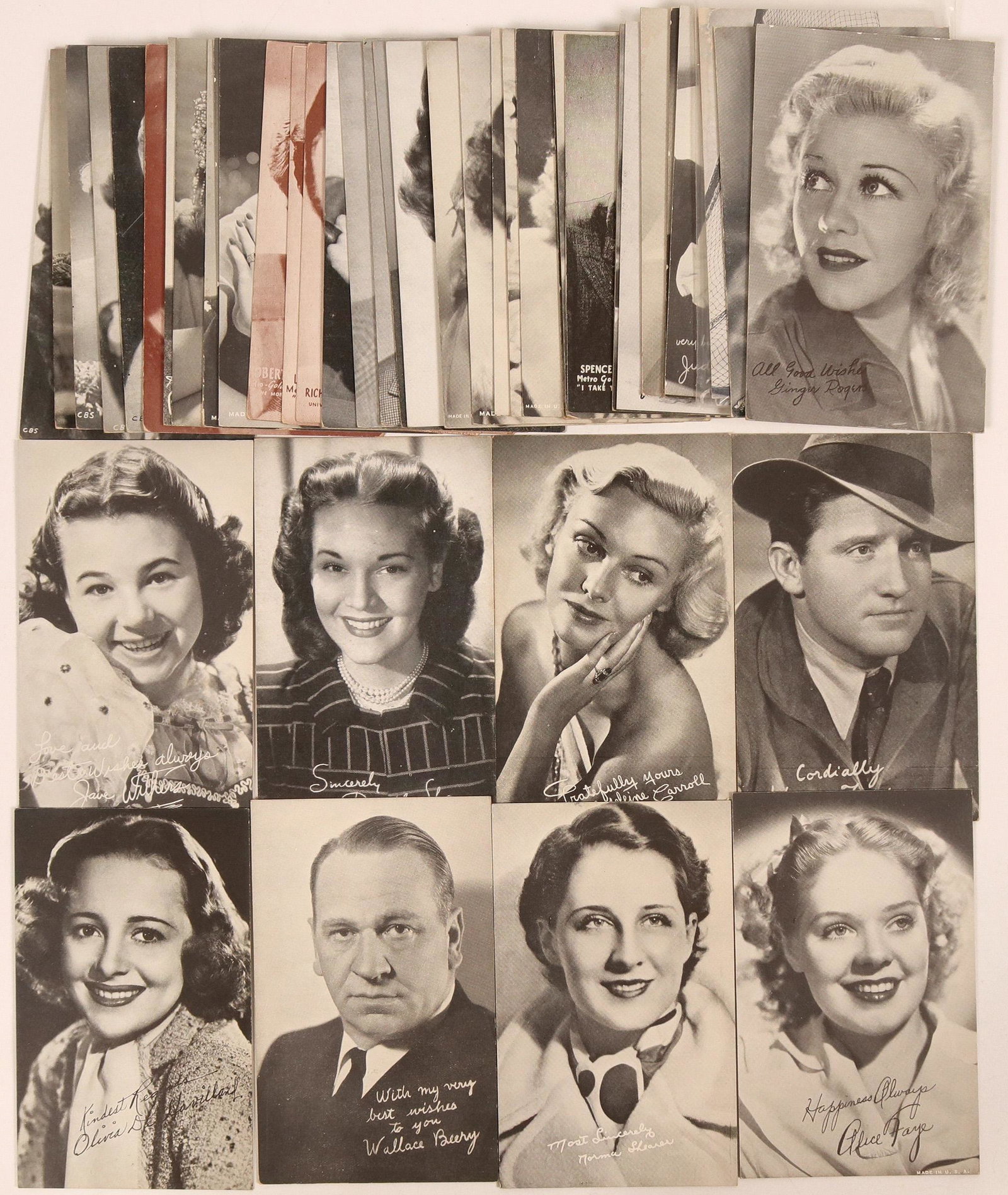 c. 1933-40 Hollywood Stars Batch of Postcards (47): Large lot of Old Hollywood Stars c. 1933-40. Famous names include Spencer Tracy, Vivien Leigh, Jane Russell, Gene Tierney, Bing Crosby, Judy Garland, Barbara Stanwyck, Lana Turner, Debra Paget, and Av
