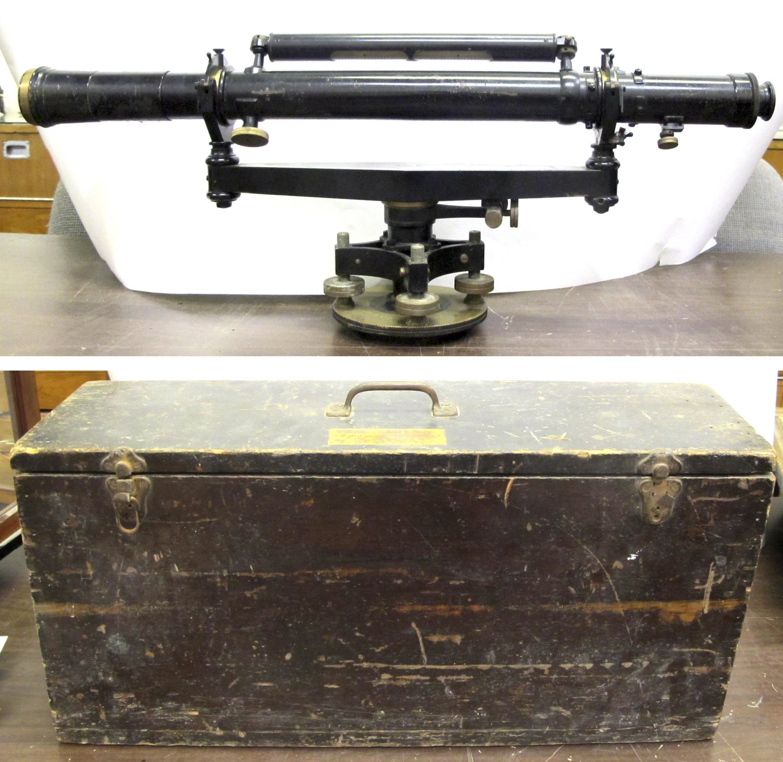 Large K and E Level (56344): In Wigton-Abbott, NJ wood box. Interior label for Charles Prandoni, repair service of surveying instruments, Hoboken, New Jersey, circa 1930. Approximate 24 inches long K & E level with tripod mountin