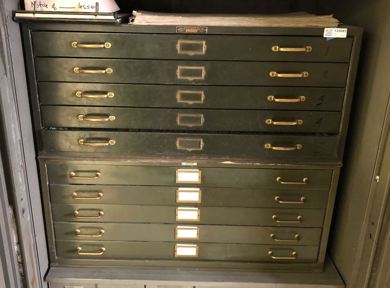 Map File, 10 drawer (120067): 2 army green lyon metallic flat map files, unmatched, each 5 drawer, wider drawers (about 4" deep each), about 4 x 3 x 3' (F.O.B. Fish Lake Valley, Nevada)