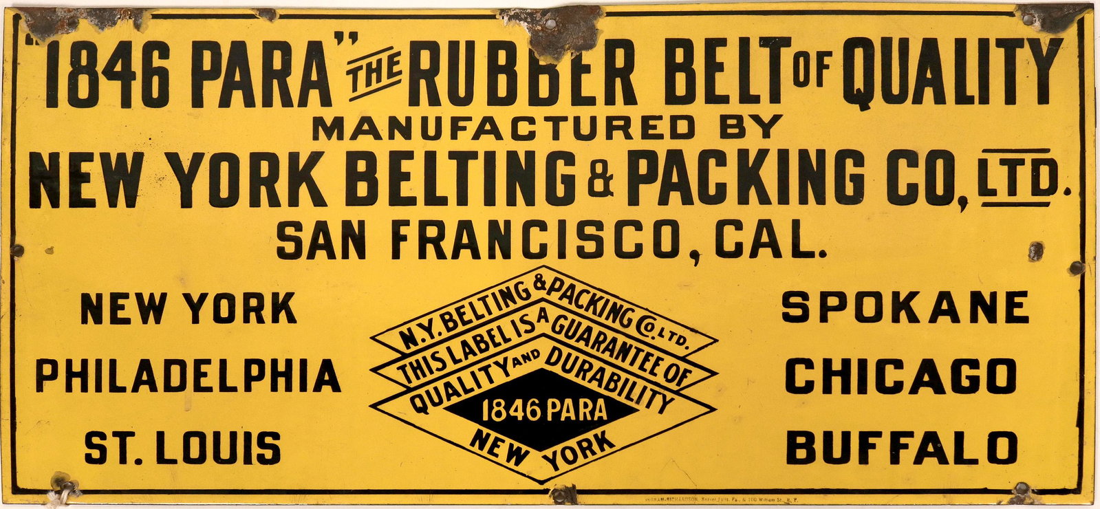 New York Belting & Packing Co. Porcelain Sign (118278): This is a beautiful porcelain advertising sign for The New York Belting & Packing Company. The signe measures 12"x 24" and is in nice condition, with some chipping around the screw holes. See photos m