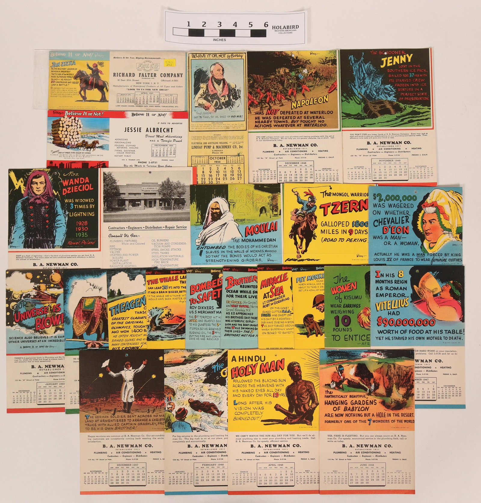 Vintage Ripley's Believe It Or Not Ephemera Calendars: Lot of 25 items of ephemera related to Ripley's Believe It Or Not, c1934-1953. Includes three ink blotters with Ripley's facts on advertisements with calendars for Lindsay Pump & Machinery, Lindsay, C