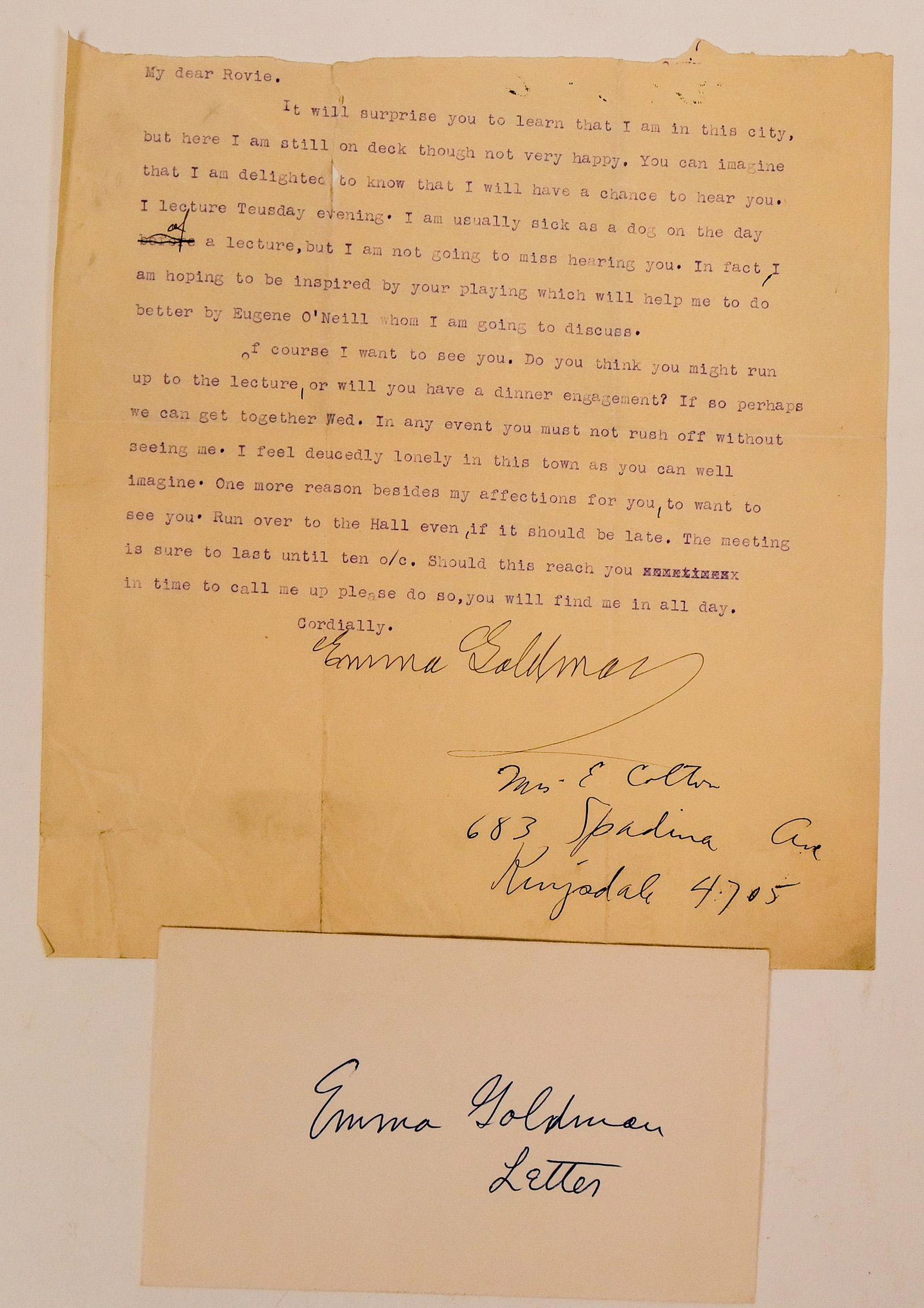 Signed Letter from Anarchist Author Emma Goldman to: Signed letter written by anarchist political activist and writer Emma Goldman to legendary classical piano concerto and teacher Anton Rovinsky, prior to 1917 when she was jailed and then deported to R