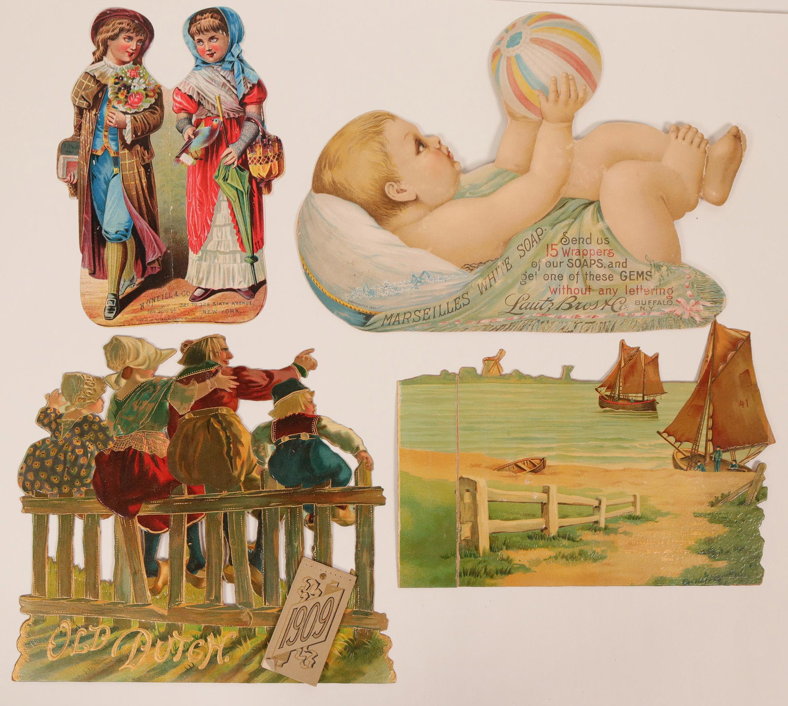 Four Large Colorful Advertising Die Cuts (117292): Four big die cuts, used in advertising, circa early 1900's. Includes a whimsical print of a baby on a Marseilles White Soap advertisement, from Buffalo, N.Y., and a raised gold Old Dutch scene of pion