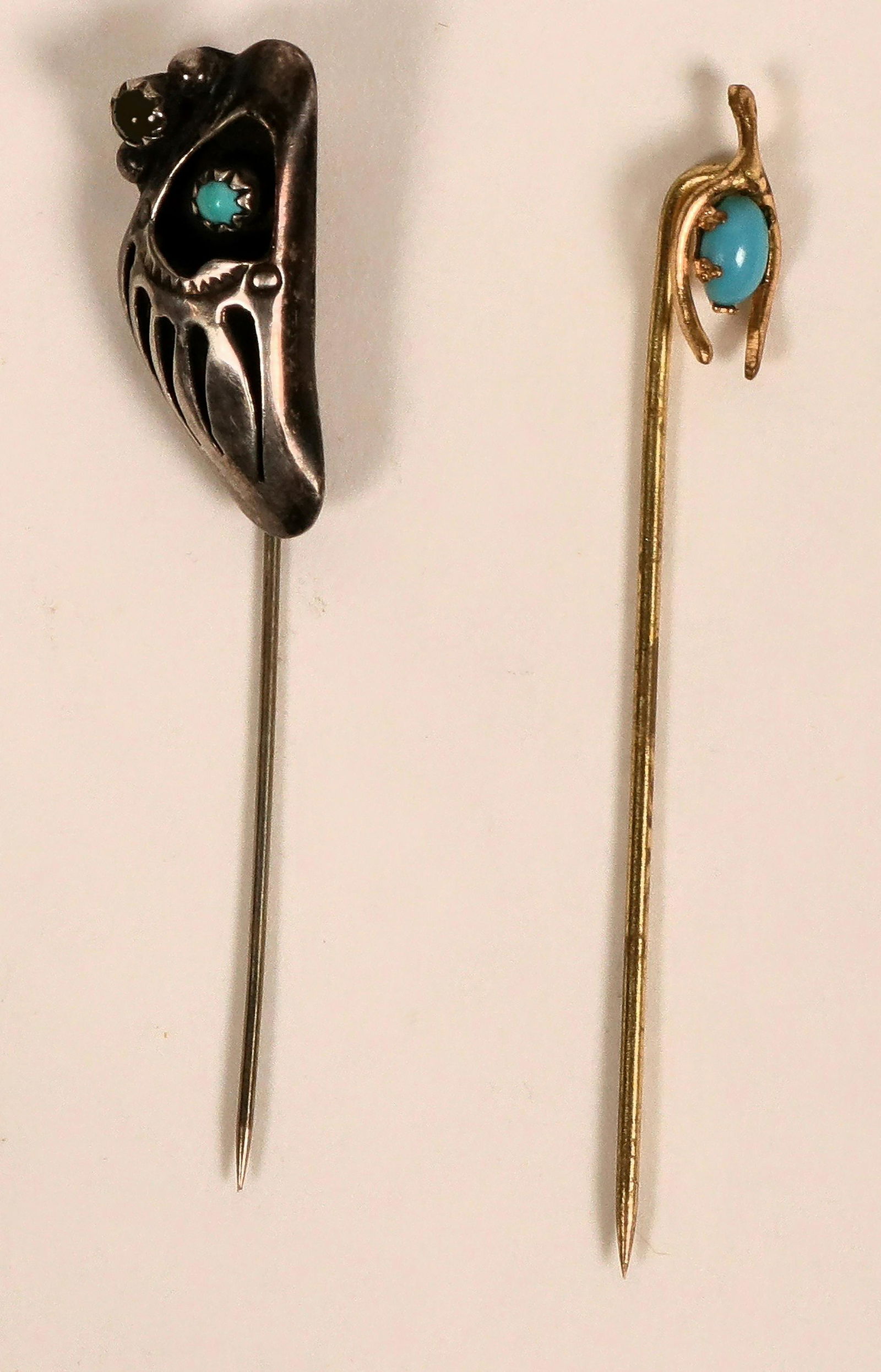 Vintage Stick Pins with Turquoise Stones (Lot of 2): Native American Bear Claw Sterling Silver Pin with small Coral and Turquoise stones and a small gold-tone pin with turquoise stone on western looking gold setting. Provenance: Country (if not USA): St