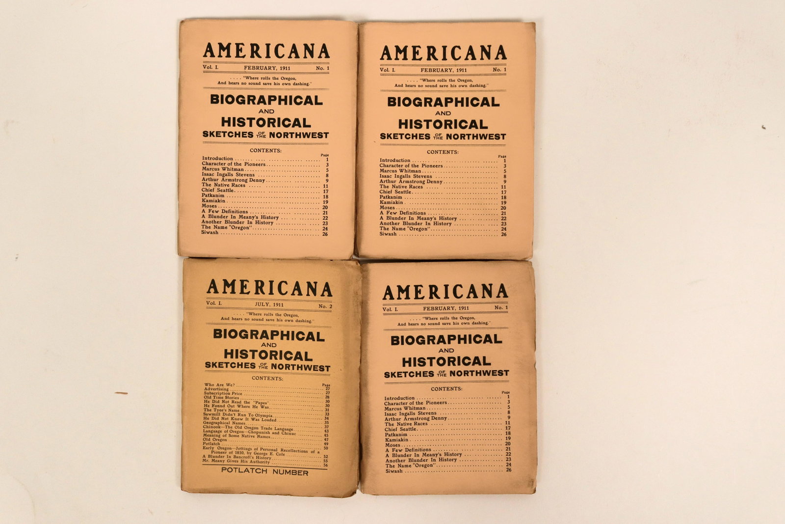 Americana magazine from 1911 (116413): This is a lot of four Americana magazines about life in the Northwest dated 1911. Very rare. Three copies of the same month. Originally sold ONLY in the Shorey's Old Book Store in Seattle, p.29. See p