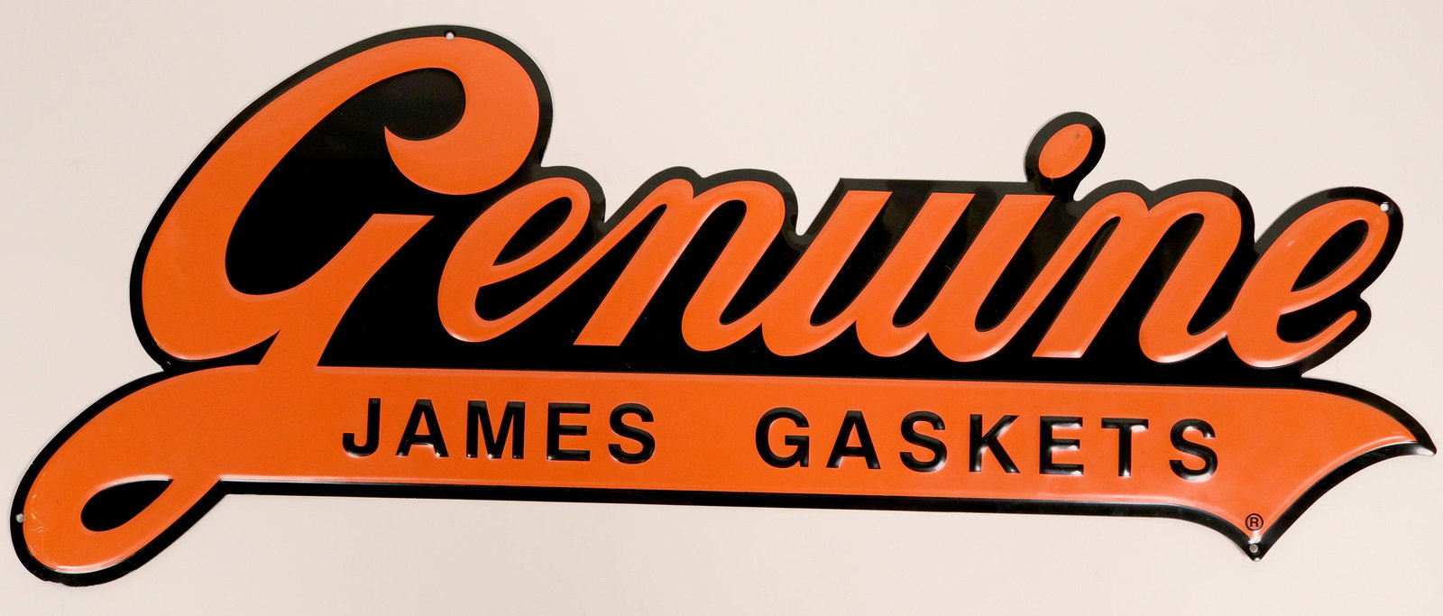 Genuine James Gaskets Metal Sign Harley-Davidson: Authentic Harley Davidson registered product metal signage for Genuine James Gaskets a Harley-Davidson registered trademark. This sign is in brand new condition and was made for a dealership to displa
