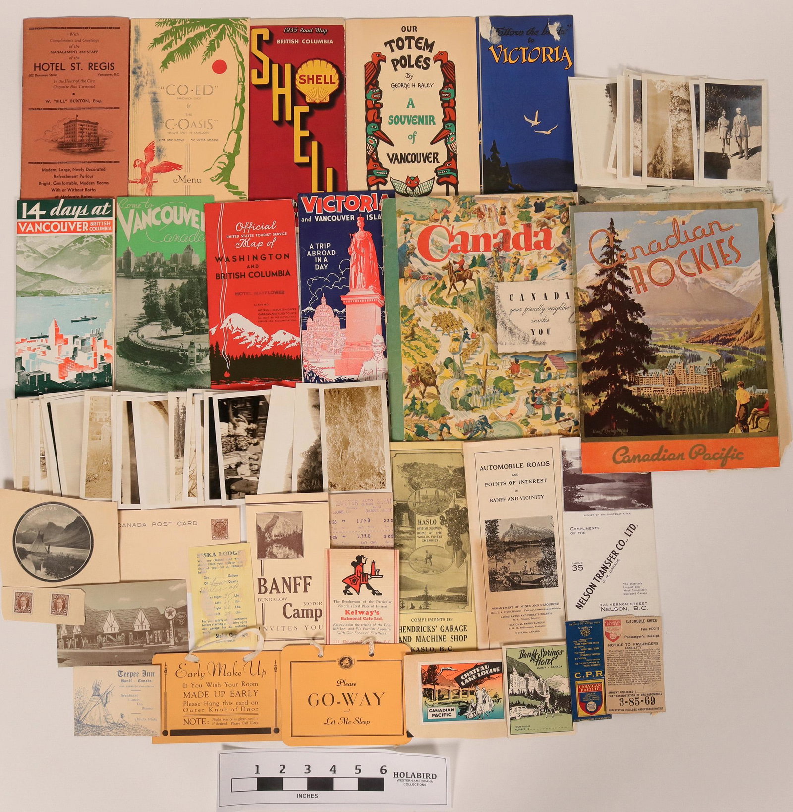 Large Lot Canada Travel Archive (118856): Lot of 68 is a travel archive of Canada from the 1920s-1940s. Includes 30 publications, brochures, tickets, menus, postcards, matchbook covers and maps, and 38 photos. Items include a map of British C