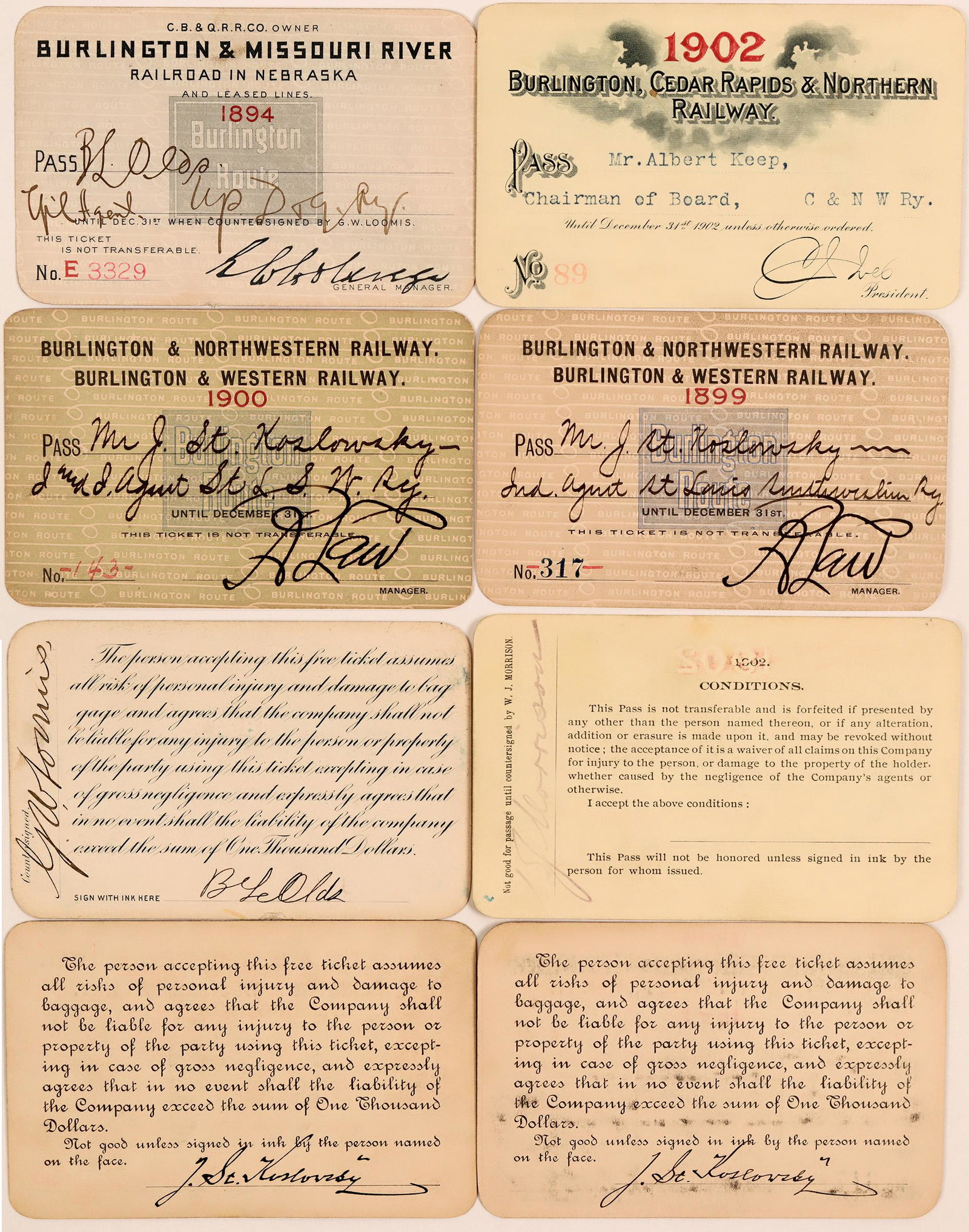 "Burlington" Railroads Annual Pass Group (113312): Lot of 4 from 3 different "Burlington" railroads. 1) Burlington & Missouri River Railroad in Nebraska. 1894. "Burlington Route" underprint. Printed sig. of general manager. Countersigned and endorsed.