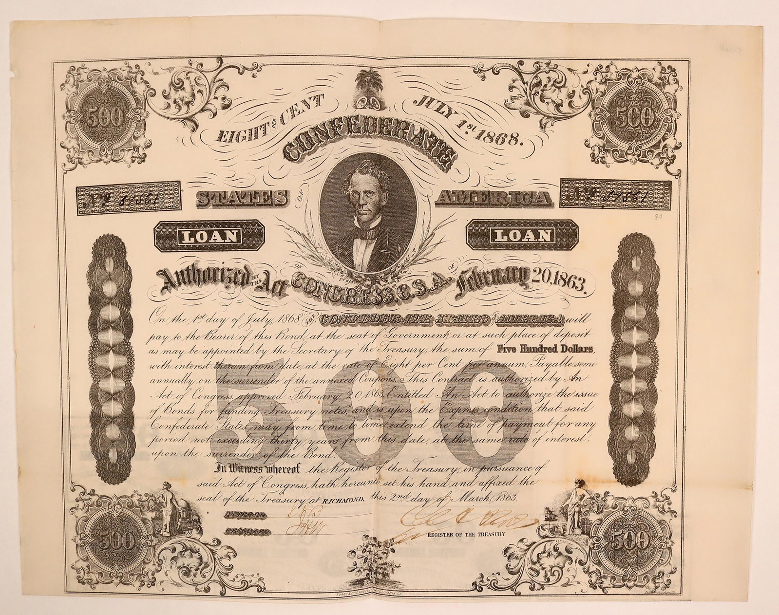 Confederate Bond, 1863, $500 from Richmond, Virginia: Very nice confederate bond issued at Richmond, Virginia in 1863 for $500. In very fine condition. Seven coupons below. CR 124. Provenance: Country (if not USA): State: Virginia City/County: Date: